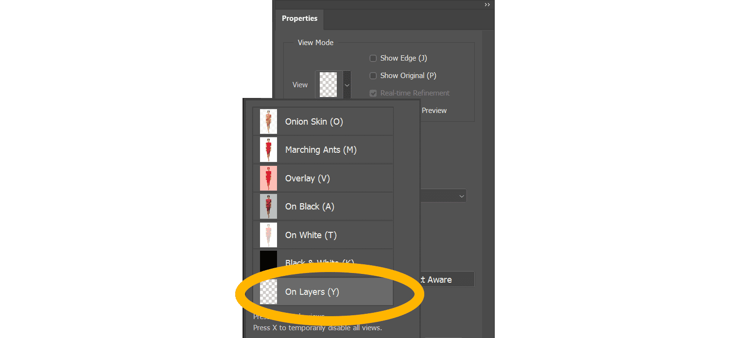 Photoshop properties panel with 'On Layers' view mode option highlighted in yellow.