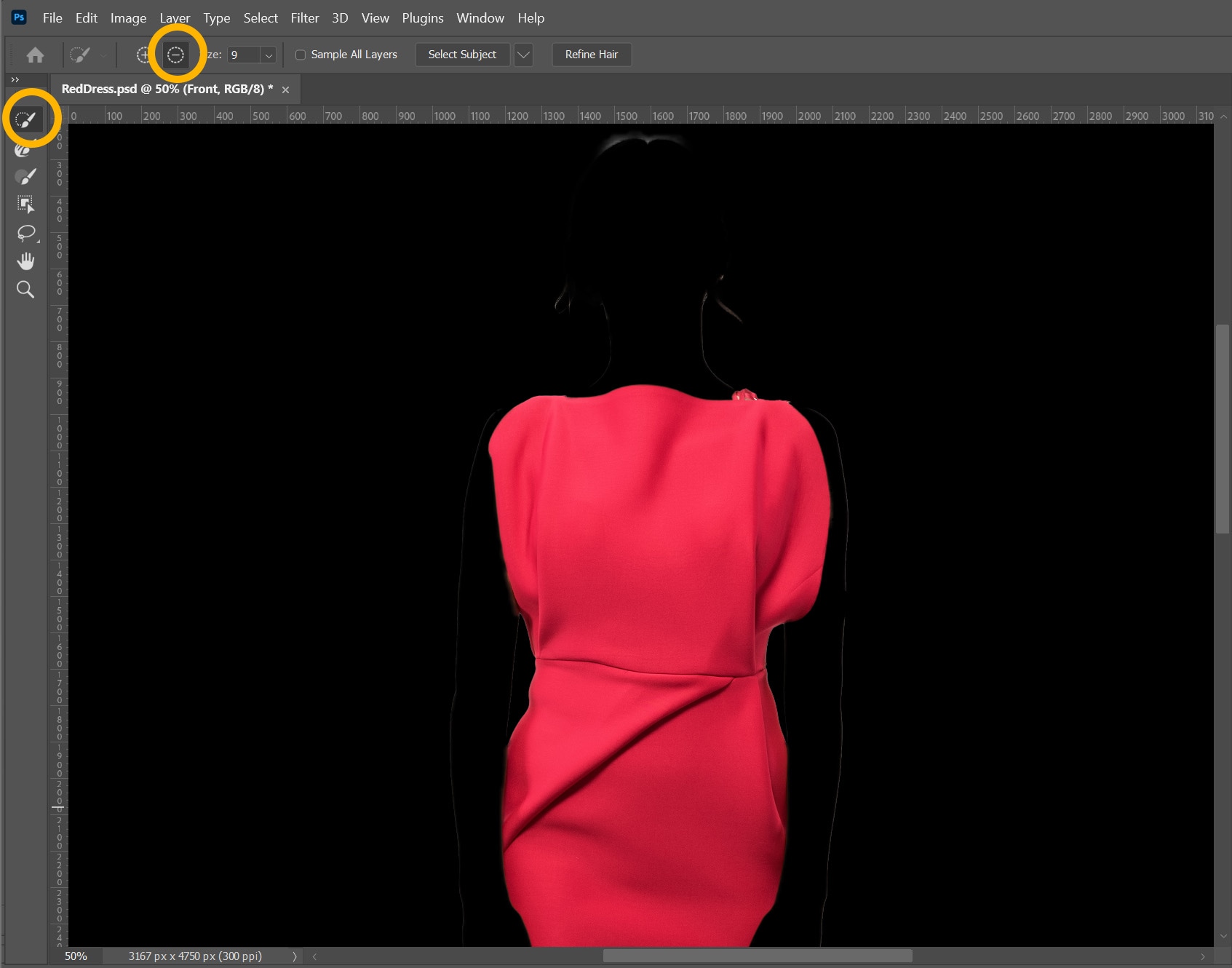 Red dress silhouette on black background in Photoshop with selection tool active.