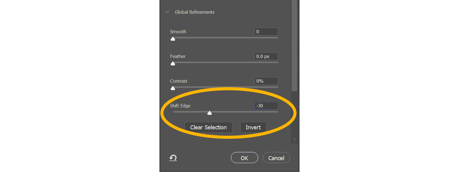 Photoshop Refine Edge panel with Shift Edge slider set to -30 for selection refinement.
