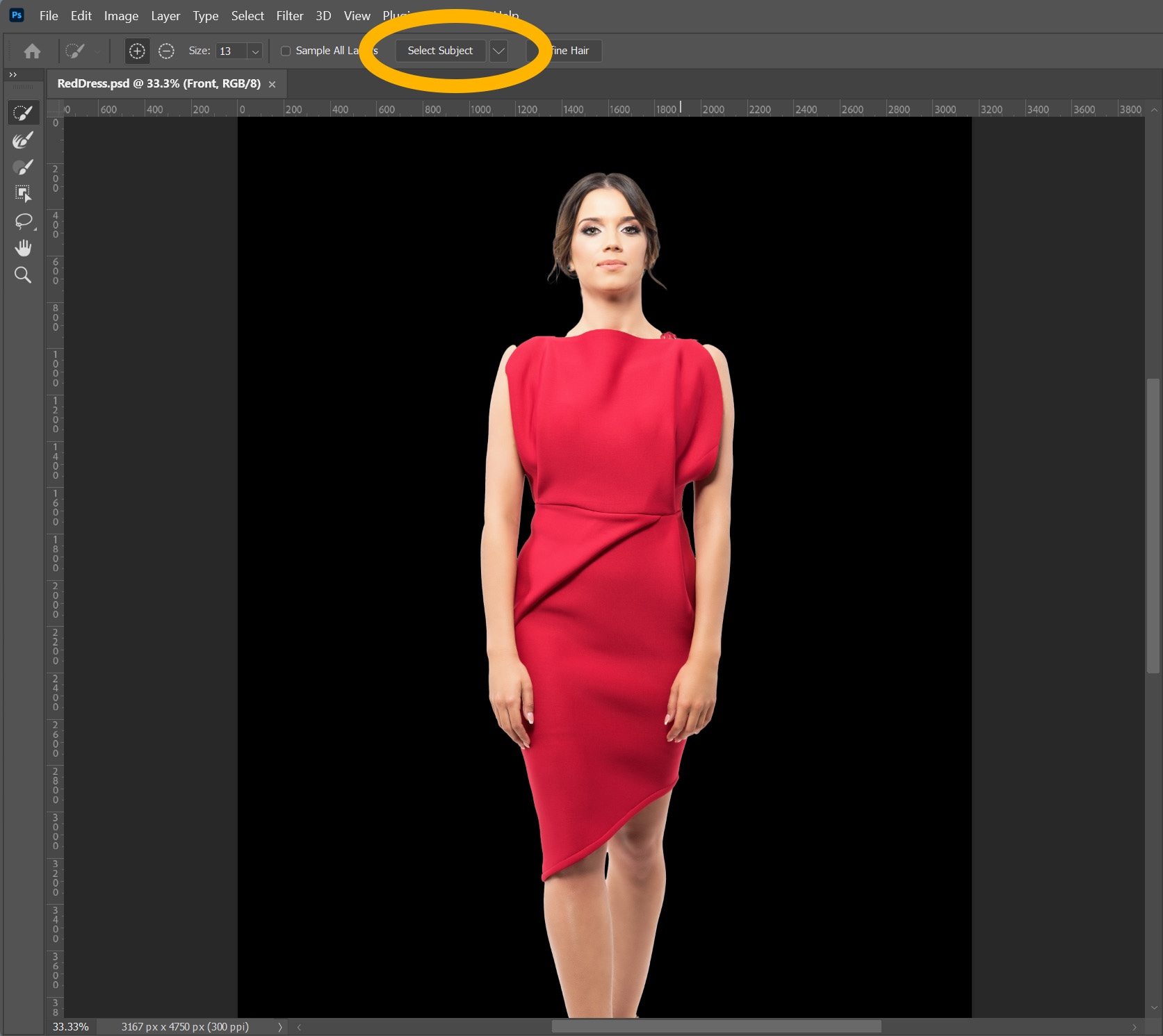 Photoshop interface with 'Select Subject' tool highlighted above a red dress on a black background