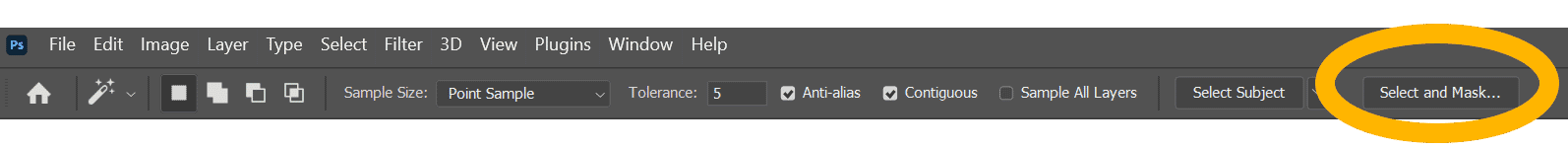 Photoshop toolbar with 'Select and Mask' button highlighted in yellow.