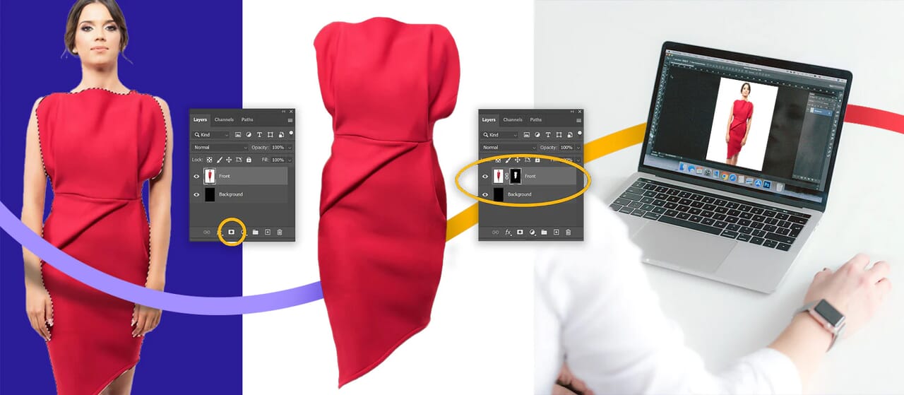 Red dress editing process with background removal in Photoshop, showing layers panel and computer screen