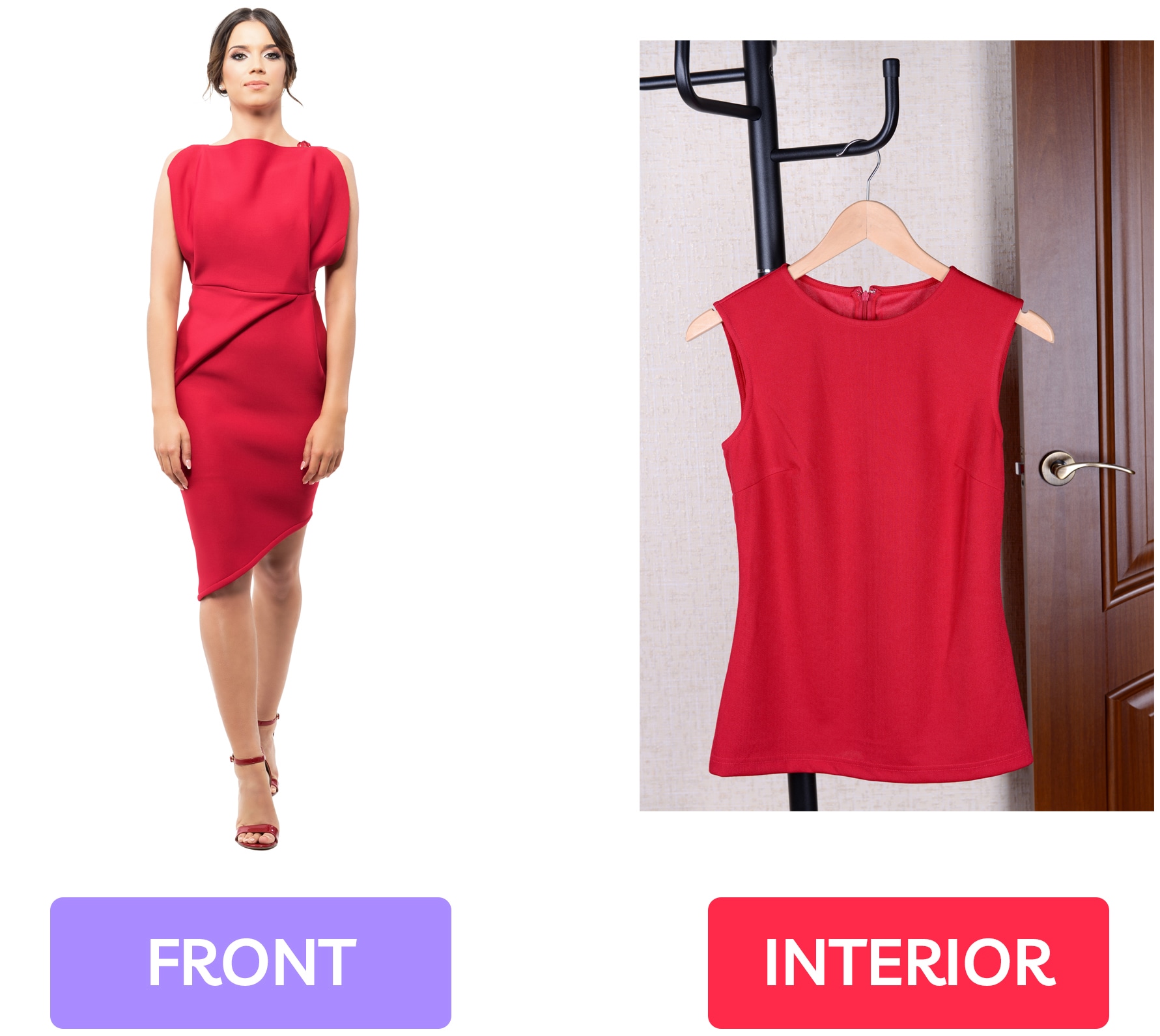 Red dress front view on model and interior view on hanger for apparel display.