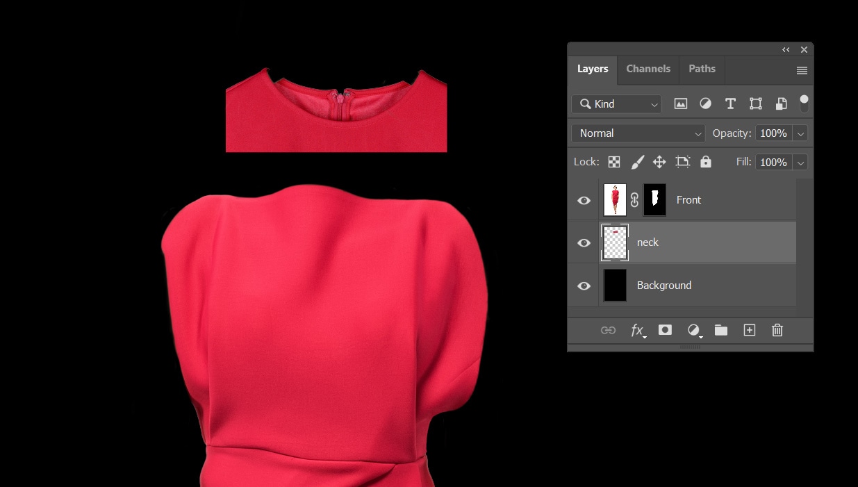 Red dress with isolated neckline segment and Photoshop layer mask on black background.