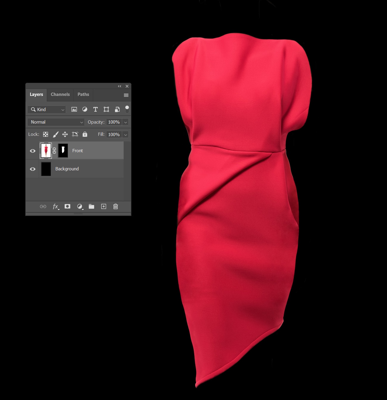 Red dress isolated on black background using Photoshop layer mask