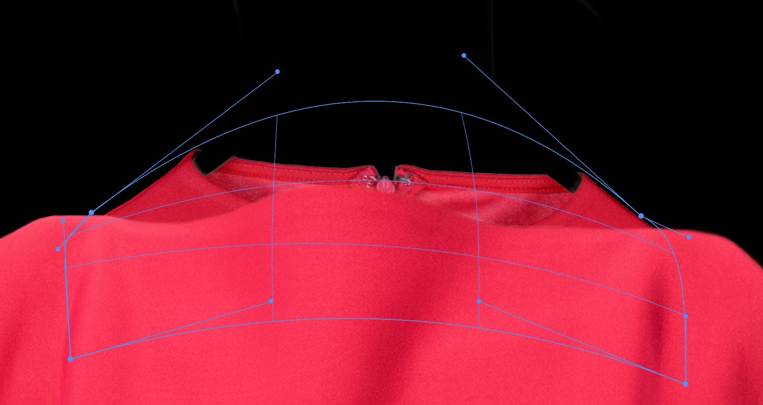 Red dress neckline with visible pen tool path points on black background.