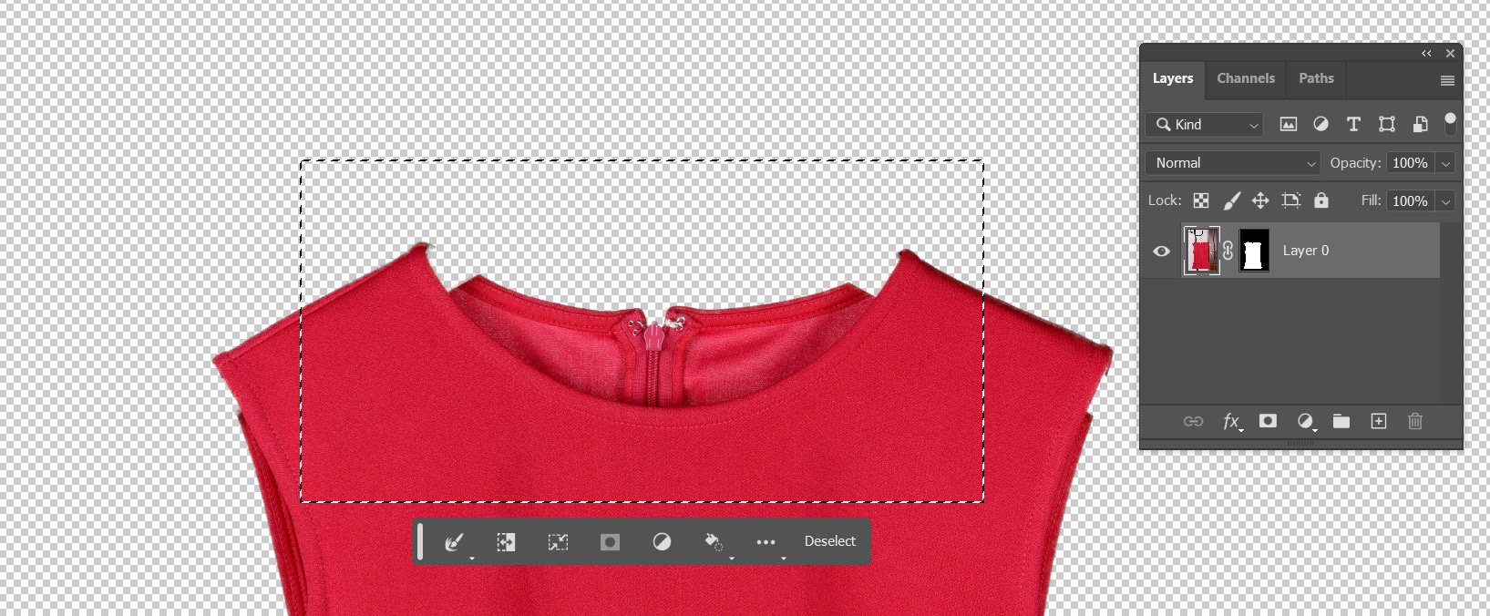 Red top with active selection around neckline on transparent background in Photoshop.