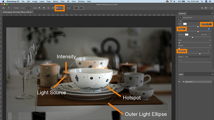 Photoshop spotlight effect settings on a tableware photo, showing controls for intensity, light source, hotspot, and outer light ellipse.