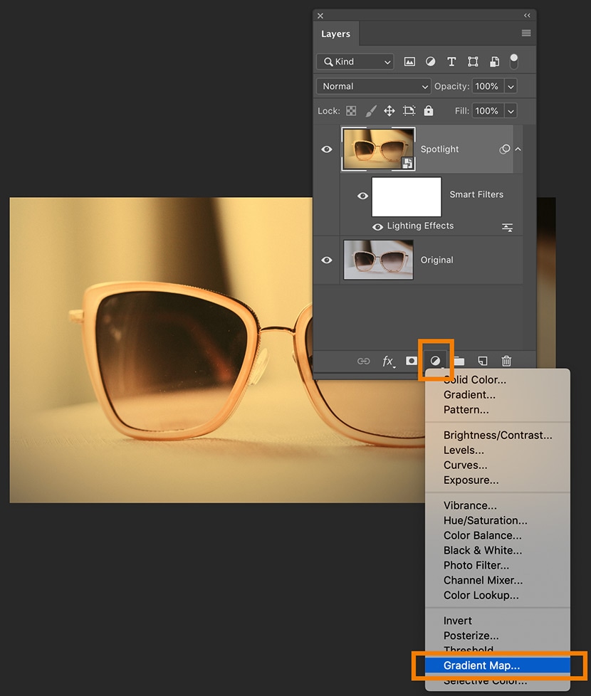 Photoshop interface showing Gradient Map adjustment layer applied to a sunglasses photo, enhancing vintage color tones.