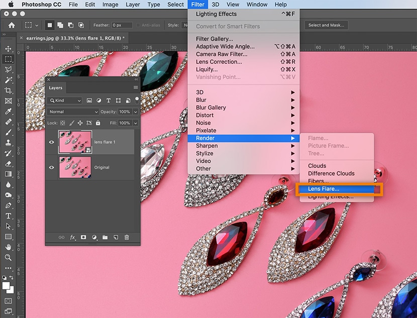 Photoshop interface showing the application of the lens flare effect on a jewelry photo with colorful gemstones against a pink background.