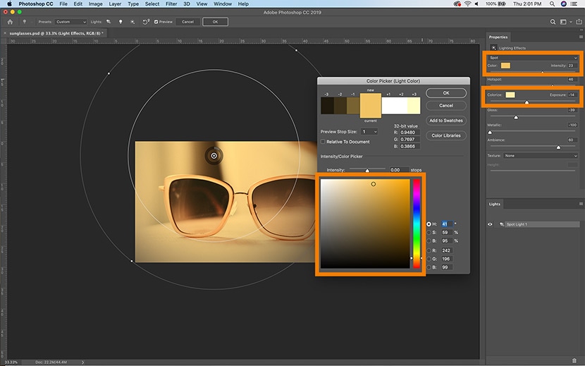 Photoshop interface with vintage lighting effect settings on a sunglasses photo, showing color picker adjustments for a retro look.