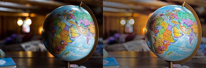 Side-by-side comparison of a globe image with and without brightness and contrast adjustments, enhancing color and clarity.