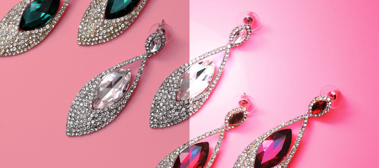 Tutorial on creating lighting manipulation in Photoshop, covering lighting fixes, color changes, and adding spotlight and lens flare effects to product photos.