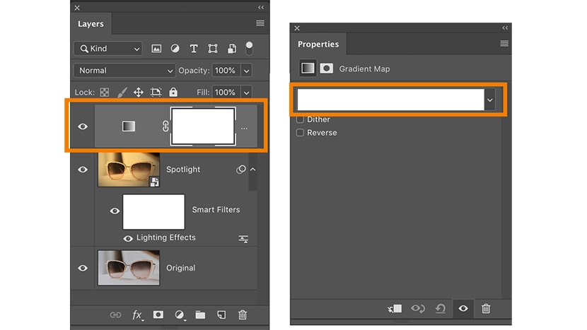 Photoshop interface showing gradient map properties and adjustment layer for fine-tuning vintage color effect on a sunglasses photo.