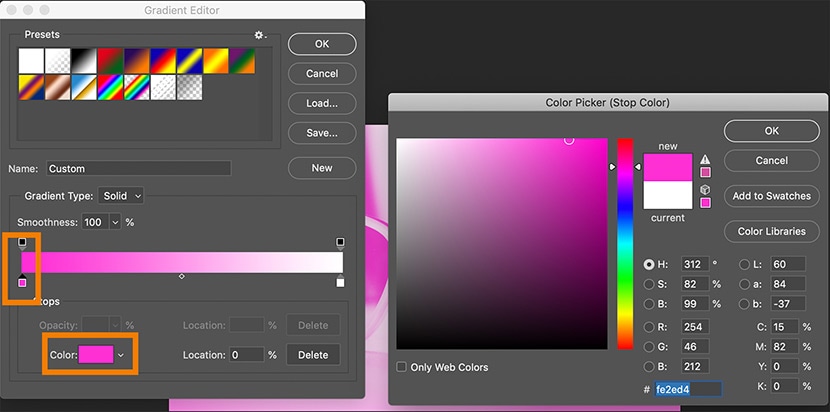 Photoshop Gradient Editor with color picker, adjusting pink gradient for a customized vintage effect on a photo.