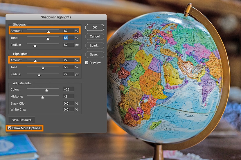 Shadows/Highlights adjustment panel in Photoshop, enhancing globe image with precise control over shadows, highlights, and color balance.