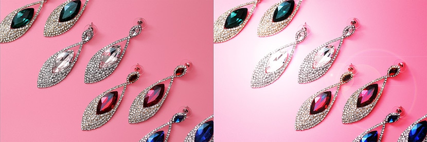 Side-by-side comparison of jewelry earrings with and without lens flare effect on a pink background, enhancing sparkle and color.