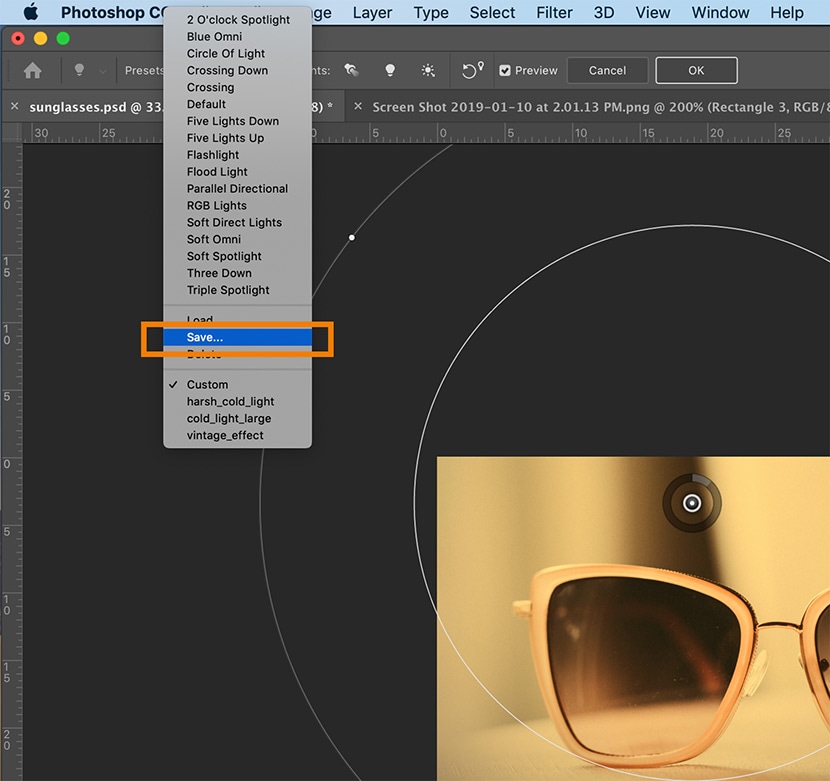 Photoshop interface showing the option to save a custom lighting preset for a vintage effect on a sunglasses photo.