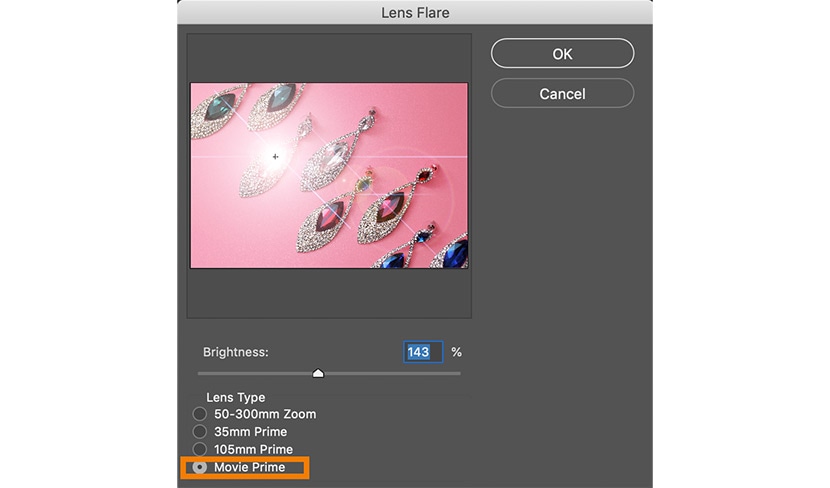 Photoshop lens flare settings panel with