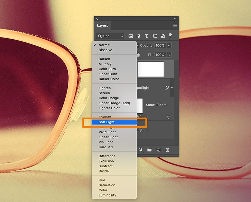 Photoshop layer settings with Soft Light blend mode selected to create a subtle, warm vintage effect on a sunglasses photo.