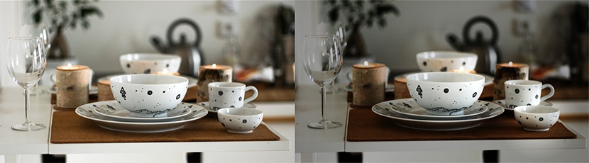 Comparison of lighting edits on tableware, featuring white dishes, cups, and glasses with candles on a table, before and after lighting adjustments.