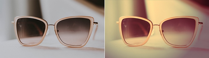 Side-by-side comparison of sunglasses with original and vintage lighting effect, highlighting a warm, retro color adjustment.