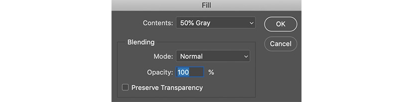 Photoshop Fill settings with 50% gray for dodge and burn layer setup in skin retouching.