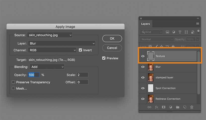 Photoshop Apply Image settings for creating a texture layer in frequency separation skin retouching.