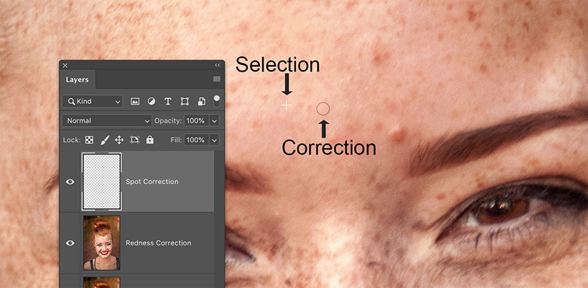 Close-up of Photoshop Clone Stamp Tool selection and correction points for skin spot retouching.
