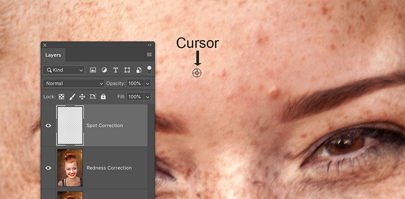 Close-up of Photoshop Clone Stamp Tool cursor for spot correction on skin in photo retouching tutorial.