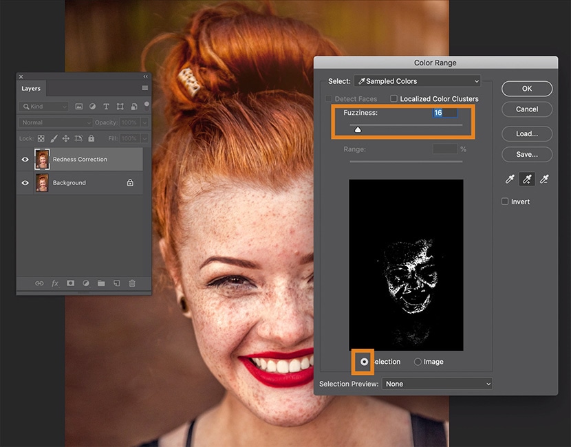 Photoshop Color Range tool used for skin redness correction in ecommerce photo editing tutorial.