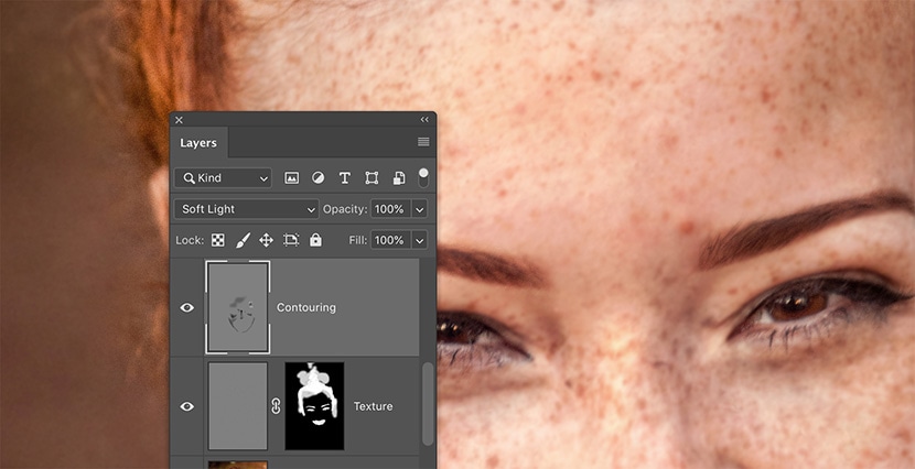 Photoshop layer panel showing contouring layer in Soft Light mode for enhanced skin retouching.