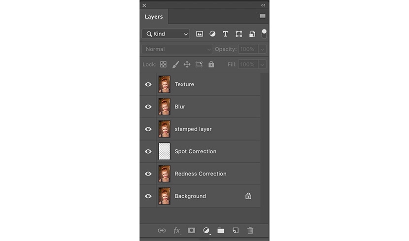 Photoshop layer panel showing frequency separation setup for detailed skin retouching.