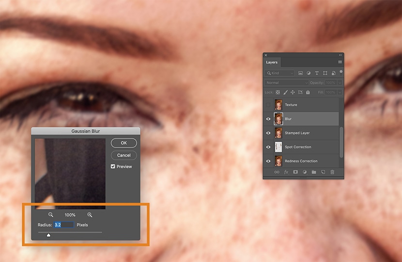 Applying Gaussian Blur with 3.2-pixel radius for frequency separation skin retouching in Photoshop.