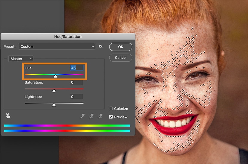 Photoshop hue/saturation tool applied to refine skin tone, enhancing ecommerce photo quality.