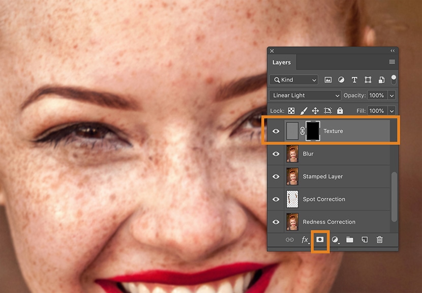 Photoshop layer panel with a texture mask applied in frequency separation for detailed skin retouching.