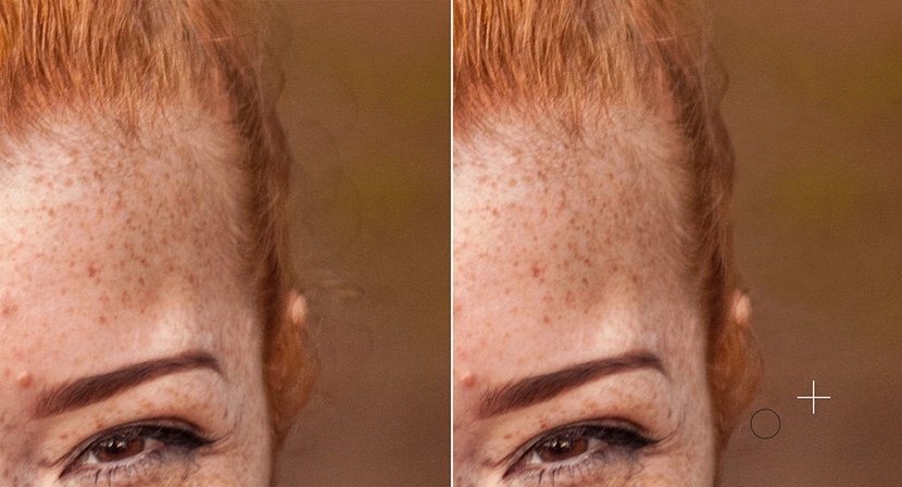Before and after comparison of stray hair removal on skin using Photoshop for precise retouching.