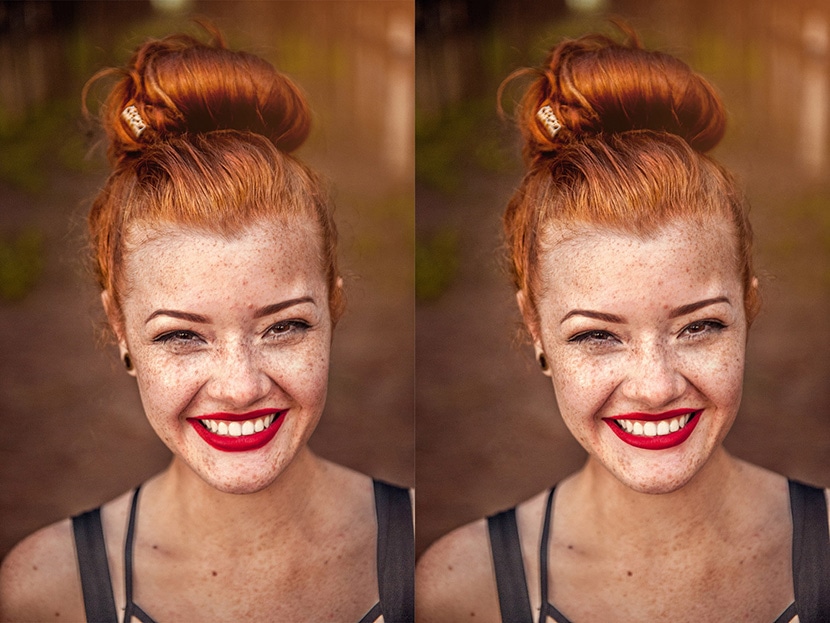 Side-by-side comparison of natural skin retouching in Photoshop, showcasing enhanced facial features.