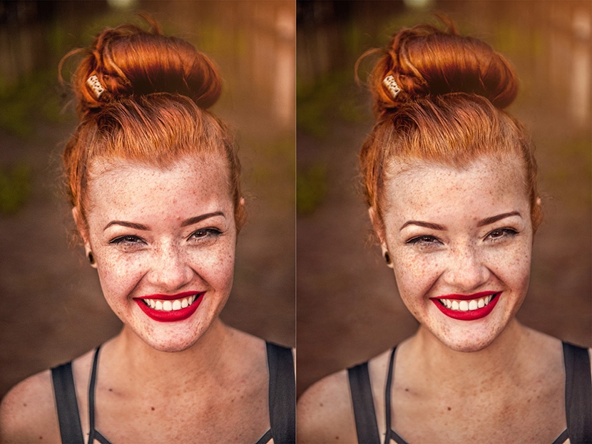 Before and after comparison of complete skin retouching in Photoshop, showcasing a flawless finish.