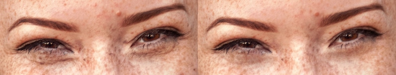 Close-up before and after of under-eye retouching in Photoshop, smoothing skin for a polished look.