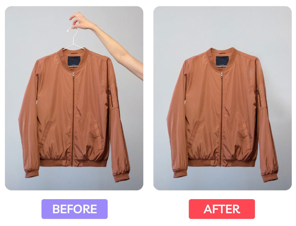 Side-by-side of brown jacket before and after removing hand holding the hanger