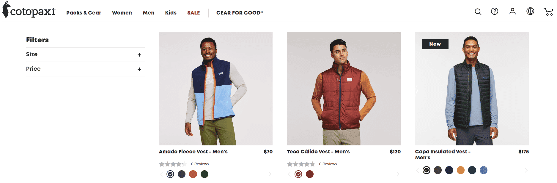 Men's vests collection featuring Cotopaxi Amado Fleece, Teca Cálido, and Capa Insulated vests.