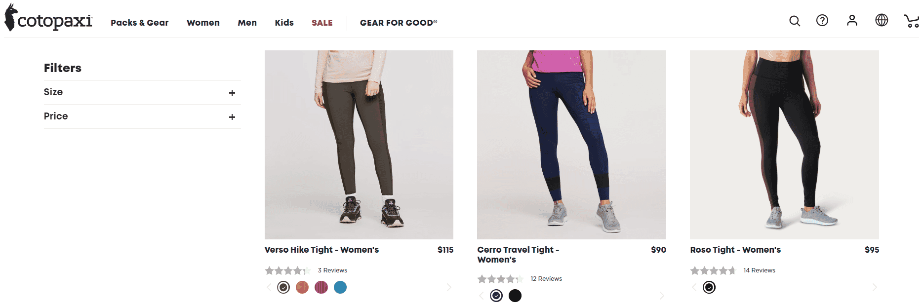 Cotopaxi women's tights featuring Verso Hike, Cerro Travel, and Roso styles in activewear collection