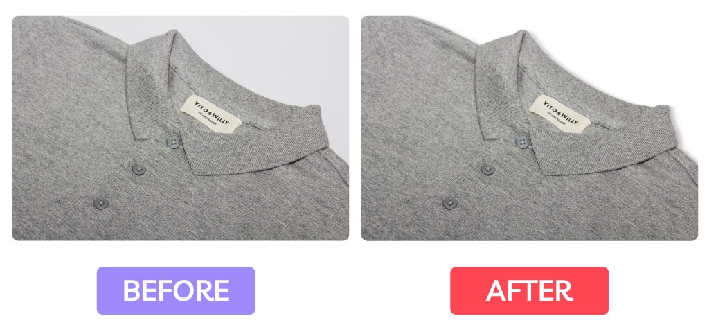 Gray polo shirt image comparison before and after enhancement with improved brightness and sharpness