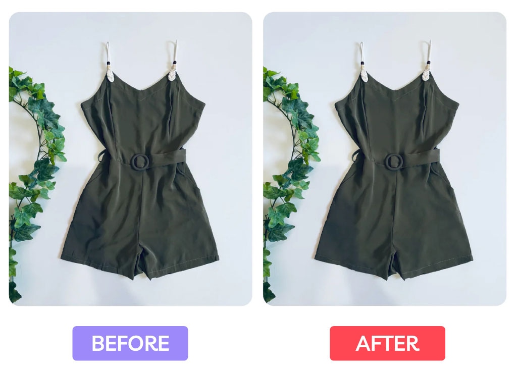 Side-by-side comparison of green romper before and after image enhancement for improved brightness