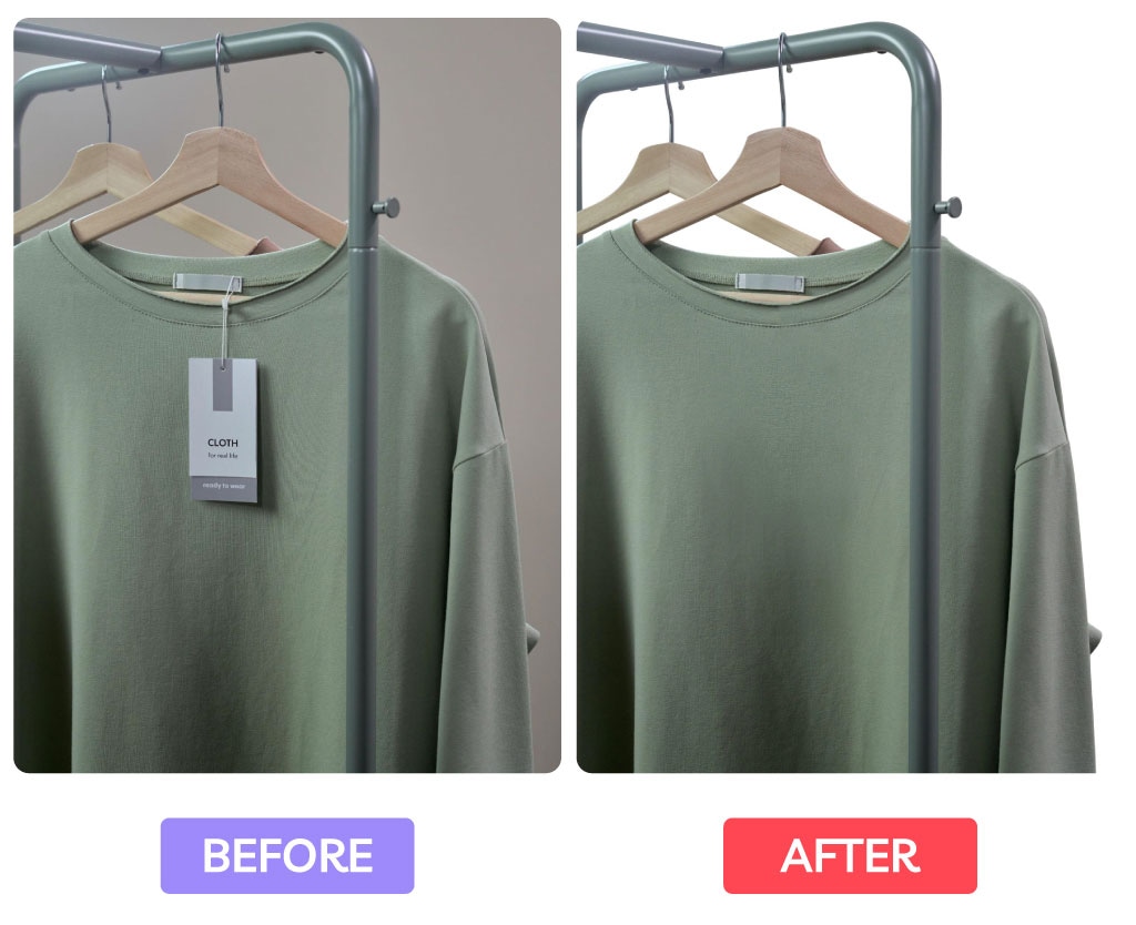 Side-by-side of green t-shirt on hanger with tag removed in after image.
