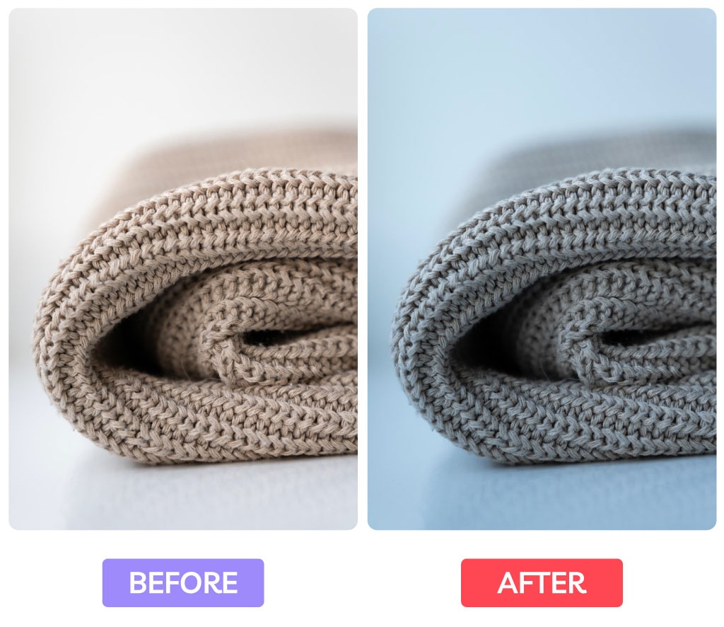 Before and after of a knitted blanket image, enhanced for color depth and clarity.