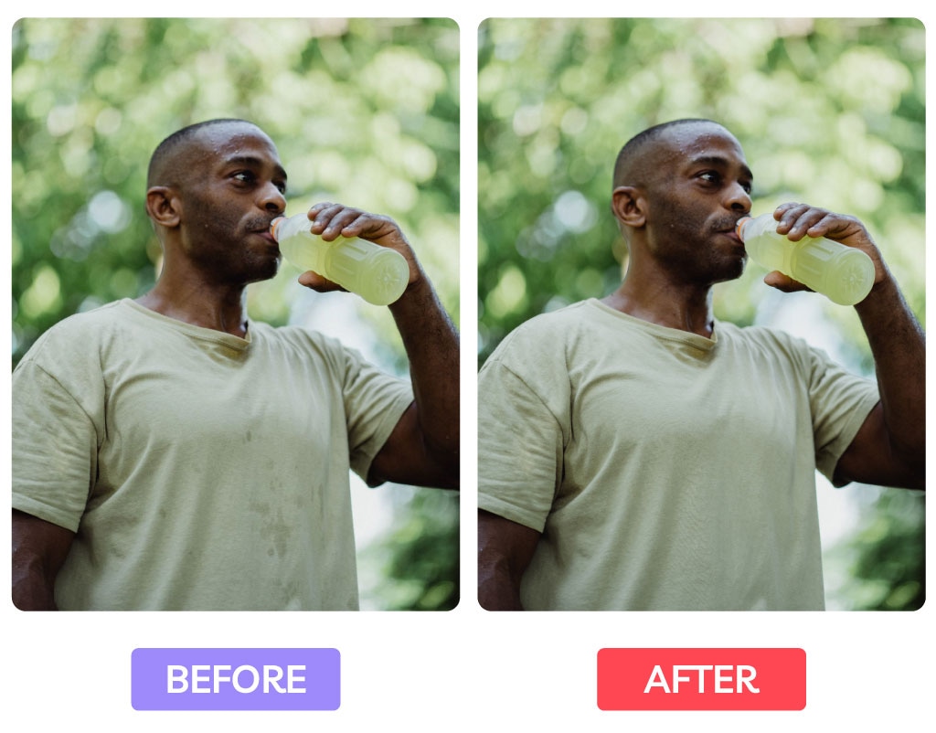 Before and after of a man drinking from a bottle outdoors, showing image retouch for enhanced brightness.