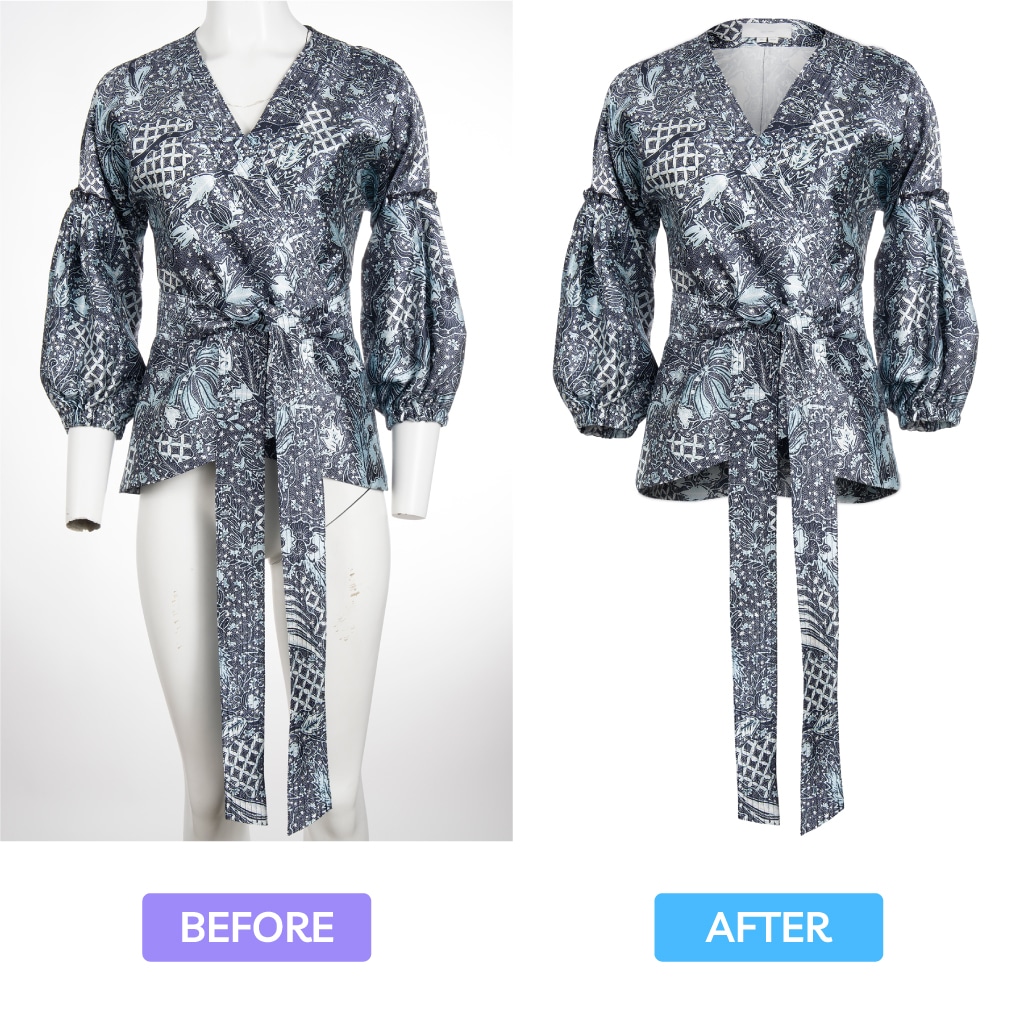 Patterned blouse before and after removing mannequin background