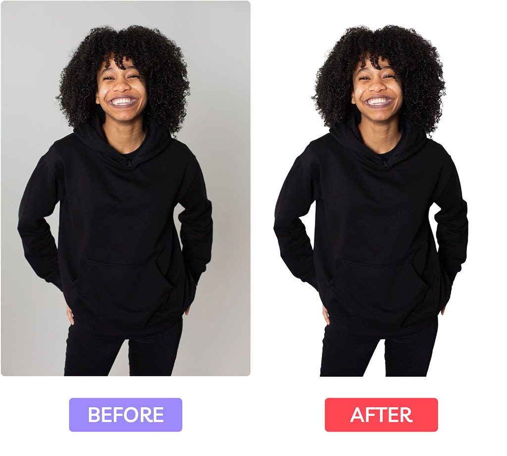 Smiling woman in black hoodie before and after background removal